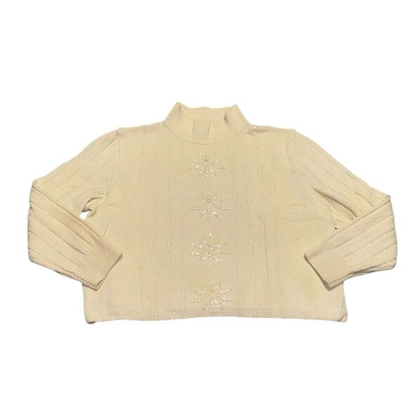 Women’s ST JOHN SPORT ACREAM SNOW FLAKE SEQUIN MOCK TURTLE NECK SWEATER MEDIUM - Picture 1 of 8